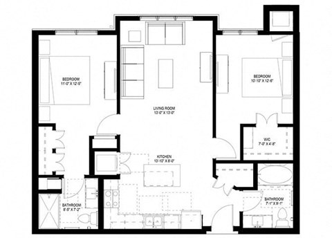 Floor plan for 2 beds, 2 baths, 1050 sqft